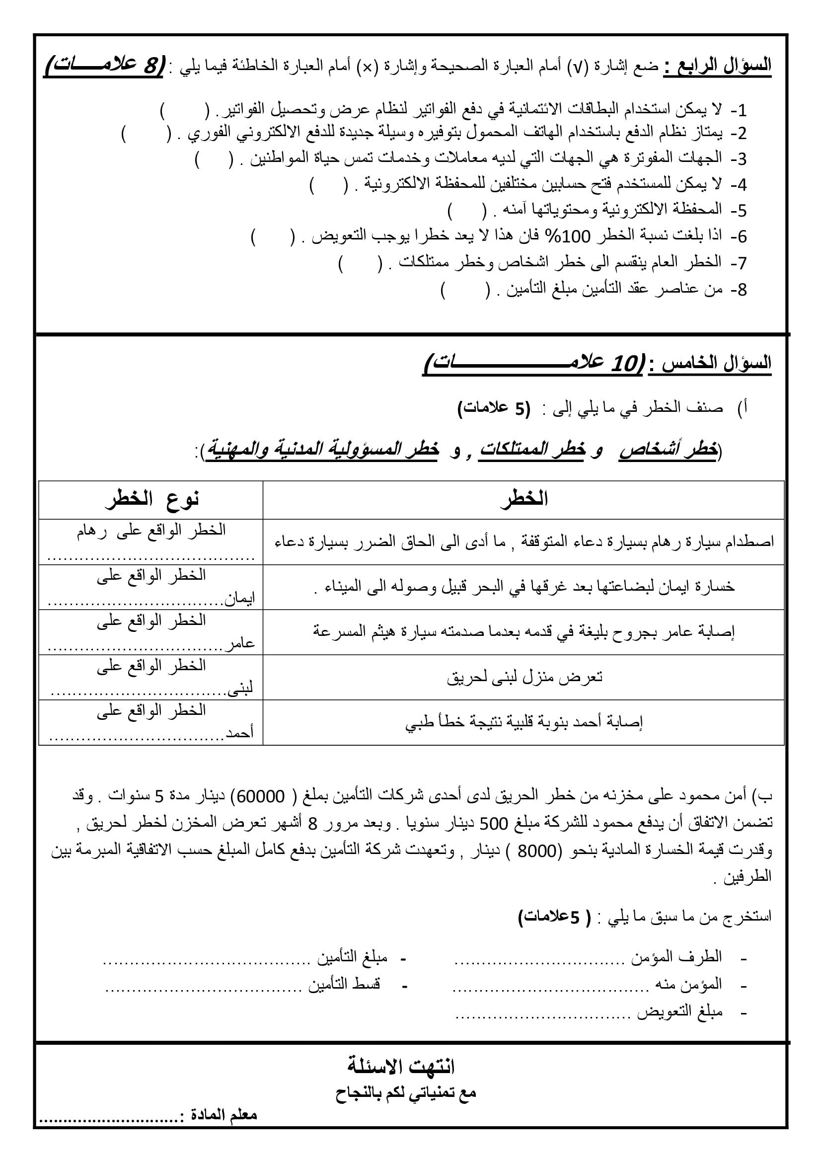 MzI2NjAyMQ89892 امتحان نهائي ثقافة مالية للصف العاشر الفصل الاول مع الاجابات 2021